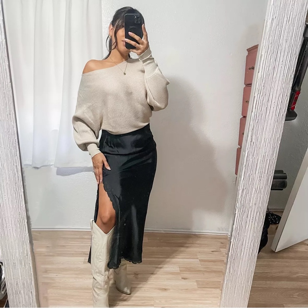 Wild Fable Black Lace Slit Satin Skirt